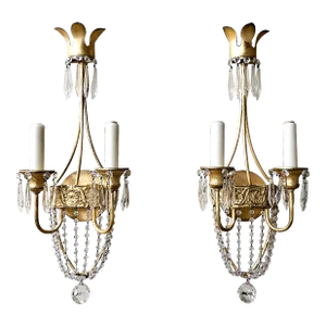 Pair of Niermann Weeks 'Neapolitan' Crystal & Gilt Metal Two Light Wall Sconces