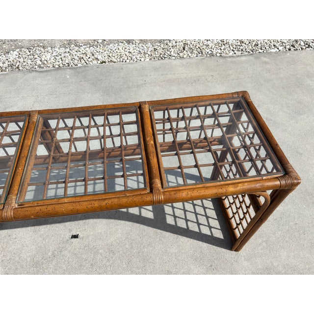 1970s Boho Chic Brown Lattice Rattan Rectangular Sofa Console Table With Glass Top For Sale In West Palm - Image 6 of 12