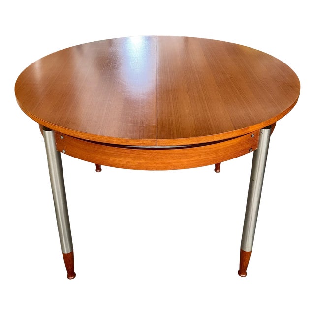 Extendable Round Table with Teak Top and Feet and Satin-Finish Metal Legs, 1960s For Sale