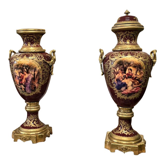 Luxury French Burgundy Porcelain Vase With Hand-Painted Musical Scene, Bronze Swan Handles & Gold Leaf Details For Sale