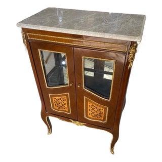French Louis XV Style Marble Top Cabinet | Elegant Glass Door Display Chest | Vitrine For Sale