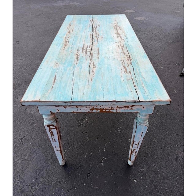 Wood Vintage Coastal Turquoise Rustic Farm Table For Sale - Image 7 of 9
