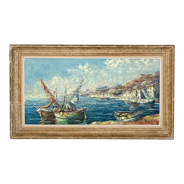 French Framed Oil Painting Featuring a Mediterranean Harbour Scene For Sale
