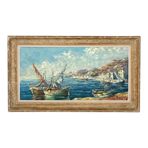 French Framed Oil Painting Featuring a Mediterranean Harbour Scene