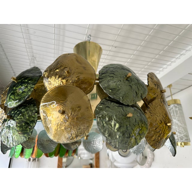 Contemporary Water Lily Chandelier Brass and Murano Glass , Italy For Sale - Image 6 of 12