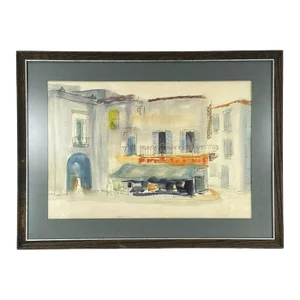 Mid-Century Paris School Watercolor, French Cafe