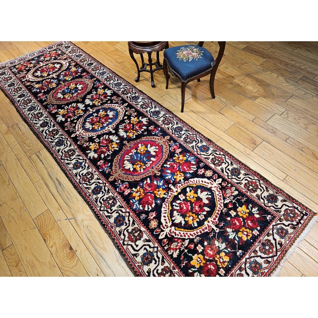 Vintage Persian Bakhtiari Wide Runner, Handwoven Wool, Floral Bouquet Design, Navy & Red, 4x13 For Sale - Image 4 of 17