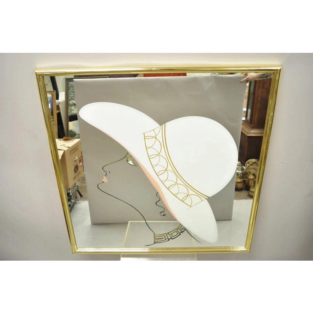 Vintage Art Deco Style 38" Square Art Wall Mirror With Vogue Woman in Hat For Sale - Image 11 of 11