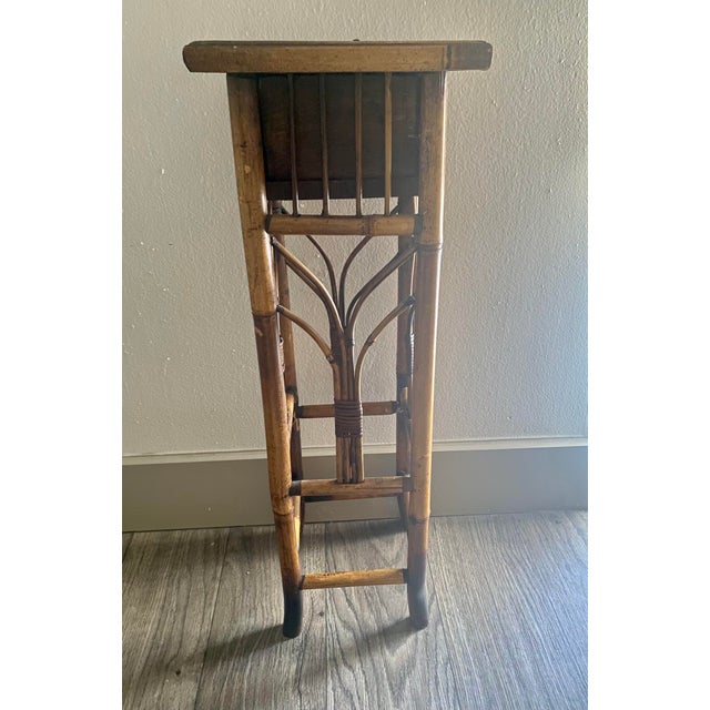 Wood Vintage Tortoiseshell Rattan Plant Stand Side End Table With Drawer For Sale - Image 7 of 11