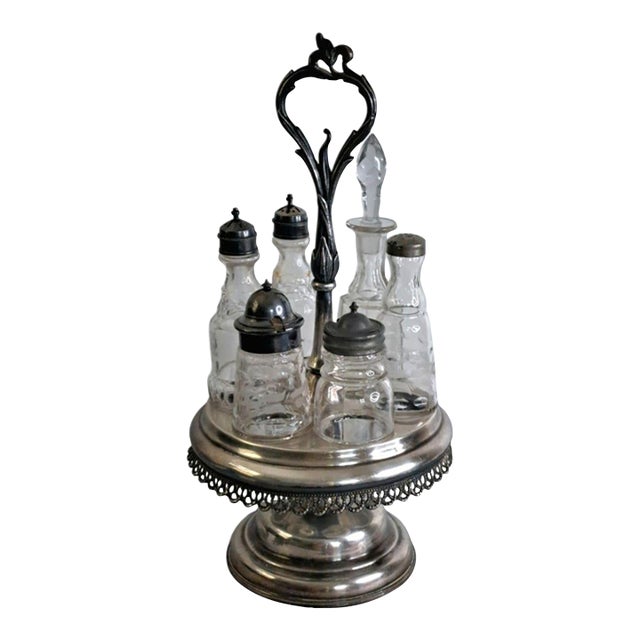 1870s Bancroft, Redfield & Rice Silverplate Cruet Castor Set 6 Etched Bottles For Sale