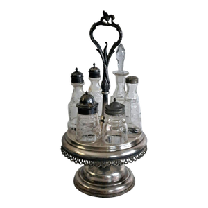 1870s Bancroft, Redfield & Rice Silverplate Cruet Castor Set 6 Etched Bottles