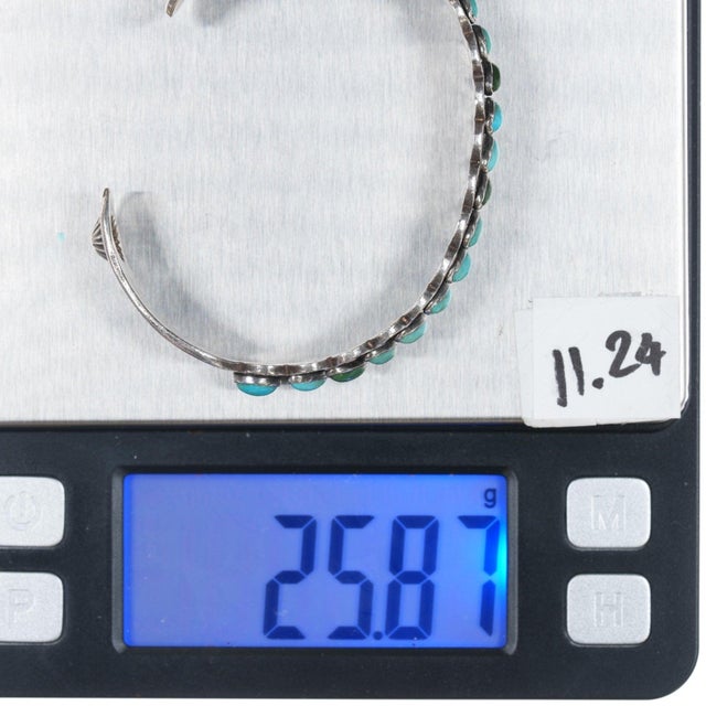 6.5" 1930's Heavily stamped whirling log silver turquoise row cuff bracelet For Sale - Image 10 of 10
