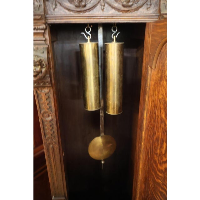 ​​19th Century Tiger Oak Figural Carved Tall Case Grandfather Clock W&h Movement For Sale - Image 15 of 17