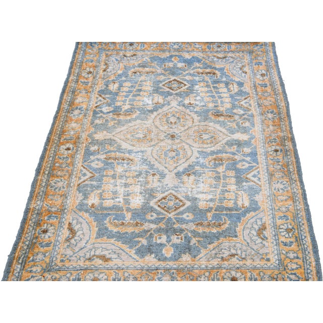 Shabby Chic 1960s Vintage Malayer Shabby Chic Handmade Floral Navy Blue Wool Rug For Sale - Image 3 of 8