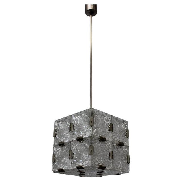 Mid-Century Square Clear Glass Pendant attributed to Kamenicky Šenov, Czechoslovakia, 1960s For Sale - Image 15 of 15