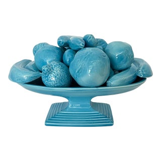 Vintage Blue Ceramic Fruit Compote For Sale