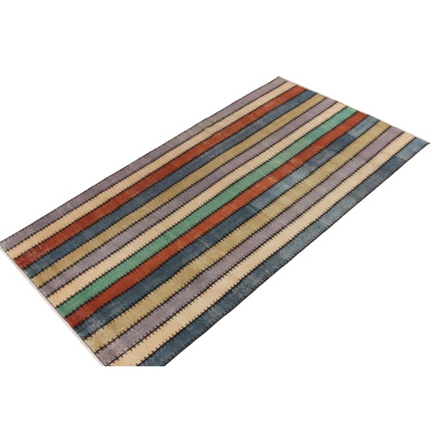 Mid-Century Modern 1960s Vintage Distressed Rug in Multicolor Striped Pattern For Sale - Image 3 of 5