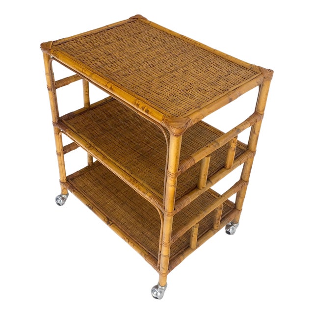 Mid Century c1970s Bamboo 3 tier Side End Table Stand on Wheels MINT For Sale