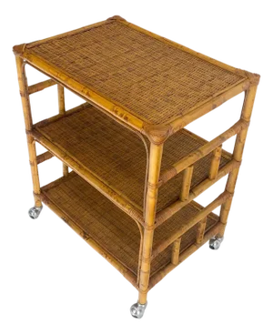 Mid Century c1970s Bamboo 3 tier Side End Table Stand on Wheels MINT