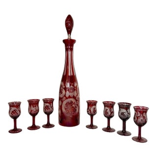 Antique Cut to Clear Crystal Moser Czech Bohemian Etched Red Glass Decanter - Set of 8 For Sale