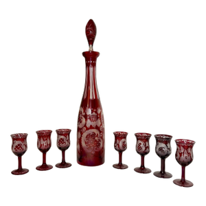 Antique Cut to Clear Crystal Moser Czech Bohemian Etched Red Glass Decanter - Set of 8