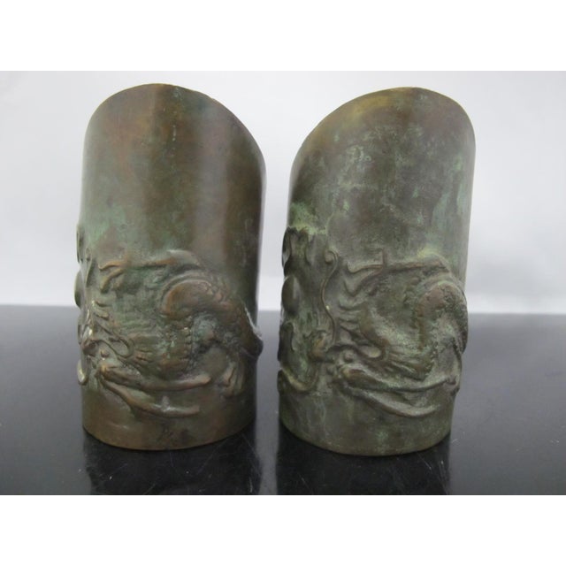 Chinese Bronze Dragon With Pearl Hoof Shaped Brush Cup Paperweight Pair For Sale - Image 9 of 18
