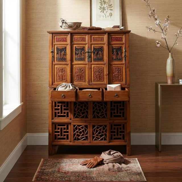 Chinese Brown Open Panel Relief Carving Storage Stack Cabinet For Sale - Image 9 of 10
