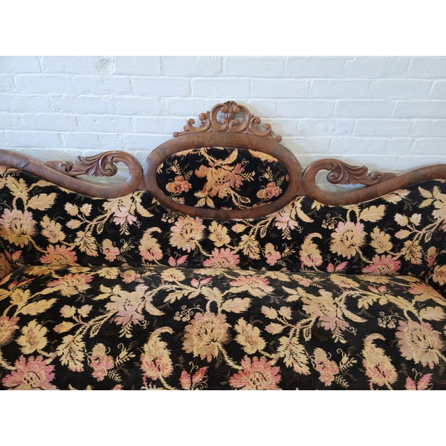 Antique Victorian Carved Wood Black Floral Ivory & Pink Sofa Chairish
