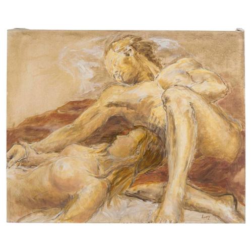 Evelyne Luez, Nude Man and a Woman Lying Down, Oil Painting on Canvas For Sale - Image 8 of 8
