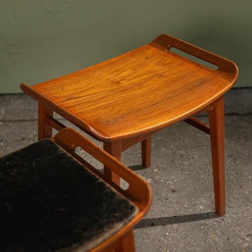 Wood Teak Stools with Black Leather Cushions by P. Jensen, Denmark, 1960s, Set of 2 For Sale - Image 7 of 10