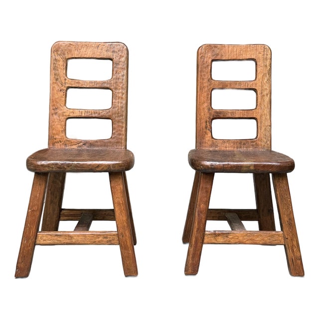 Pair of Vintage Hand-Carved Modernist/Brutalist Ladder-Back Chairs For Sale