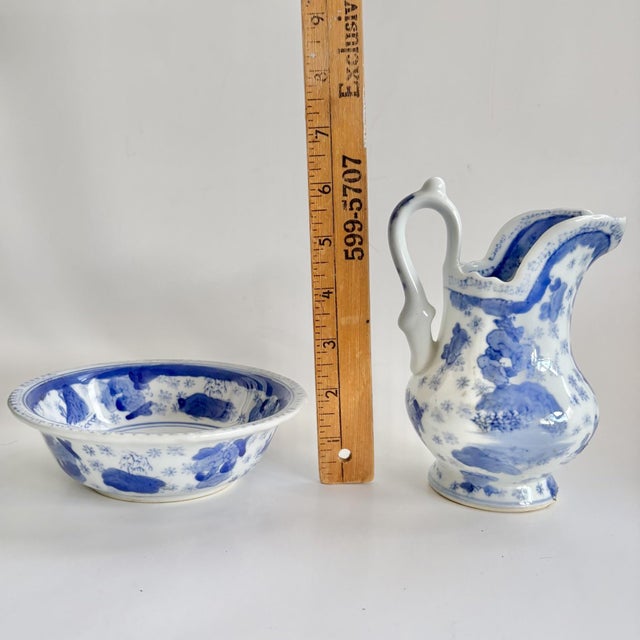 Blue Vintage Blue and White Chinoiserie Porcelain Pitcher and Basin Set – 2 Pieces - Early 20th Century Chinese For Sale - Image 8 of 8