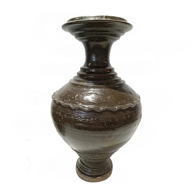 Asian Antique Early 20th Century Ceramic Vase From Thailand, in Dark Brown Glaze For Sale - Image 3 of 10