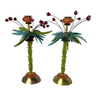 1990s Colorful Palm Trees Candleholders- a Pair For Sale