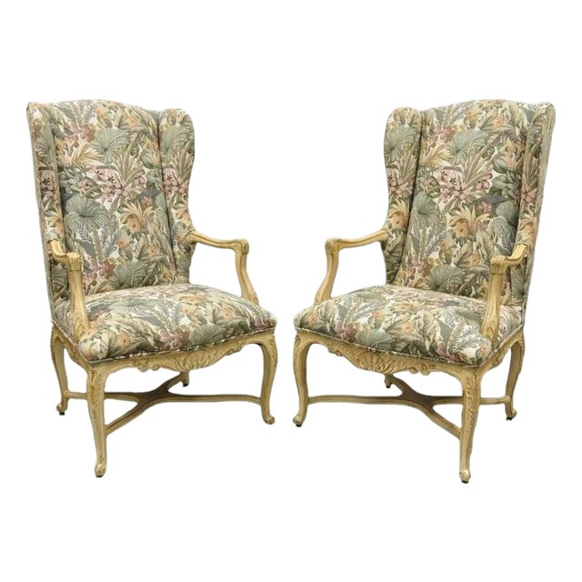 Mid 20th Century French Country Provincial Louis XV Style Upholstered Wingback Lounge Chairs Pair For Sale