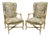 Mid 20th Century French Country Provincial Louis XV Style Upholstered Wingback Lounge Chairs Pair For Sale
