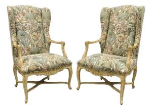 Mid 20th Century French Country Provincial Louis XV Style Upholstered Wingback Lounge Chairs Pair