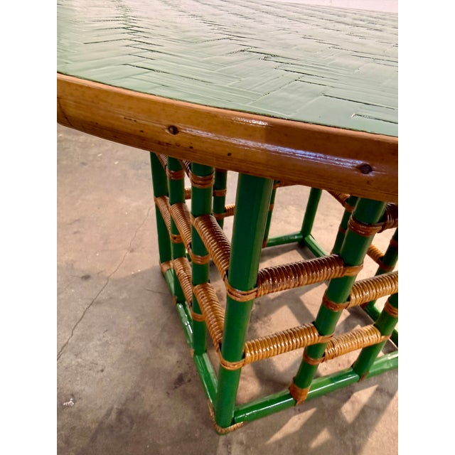 1970s Vintage Green Faux Bamboo & Rattan Round Coffee Table For Sale - Image 5 of 7
