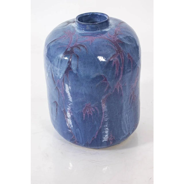 Large pottery vase in blue and purple drip glaze, circa 20th century. Signed, "Gay Schempp."
