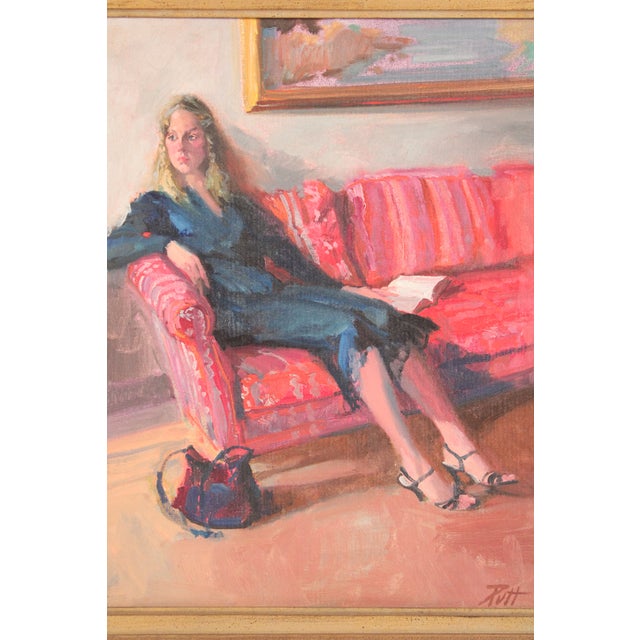 Interior Painting of a Blonde Girl on a Red Sofa by Donald Putt Putman (1926-2007) For Sale - Image 4 of 11