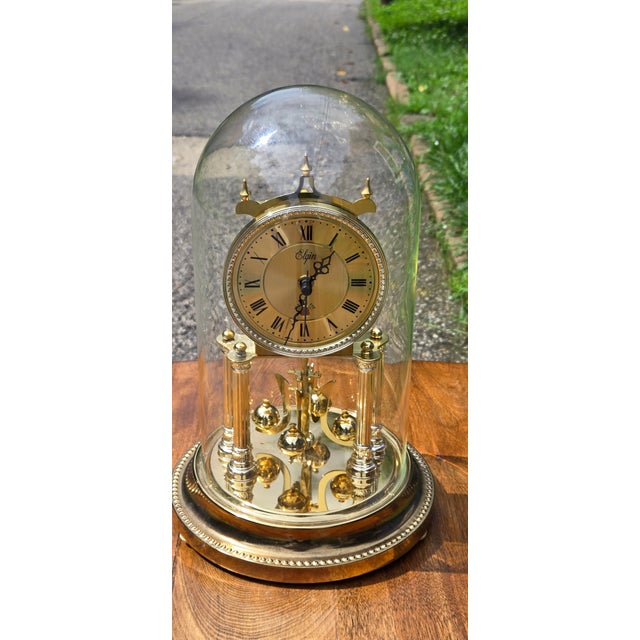 Vintage Elgin Anniversary Mantel Clock With Glass Dome, Brass Finish & Rotating Pendulum For Sale - Image 13 of 17