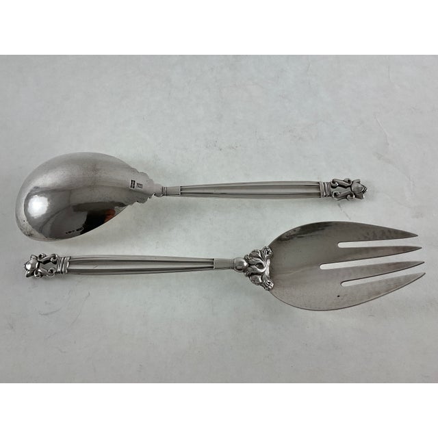 Contemporary 1970s Georg Jensen Sterling Silver Serving Spoon & Fork, Acorn For Sale - Image 3 of 10
