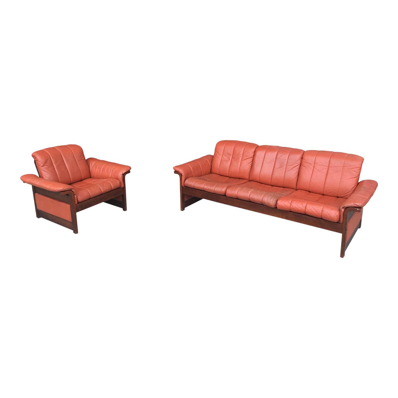 Ekornes Bentwood And Leather Sofa And Lounge Chair Set A Pair