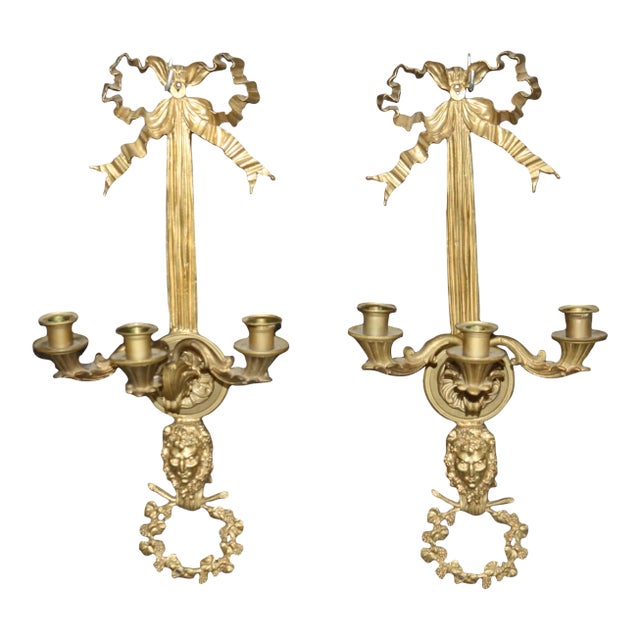 Fine Pair Cast Bronze French Bachus Face Bowtie Large Two Candle Sconces For Sale