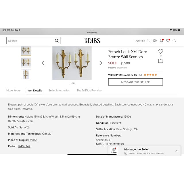 Elegant pair of Louis XVI style d’ore bronze wall sconces . Each sconce uses 2 40 watt max candelabra size bulbs. Sconces...