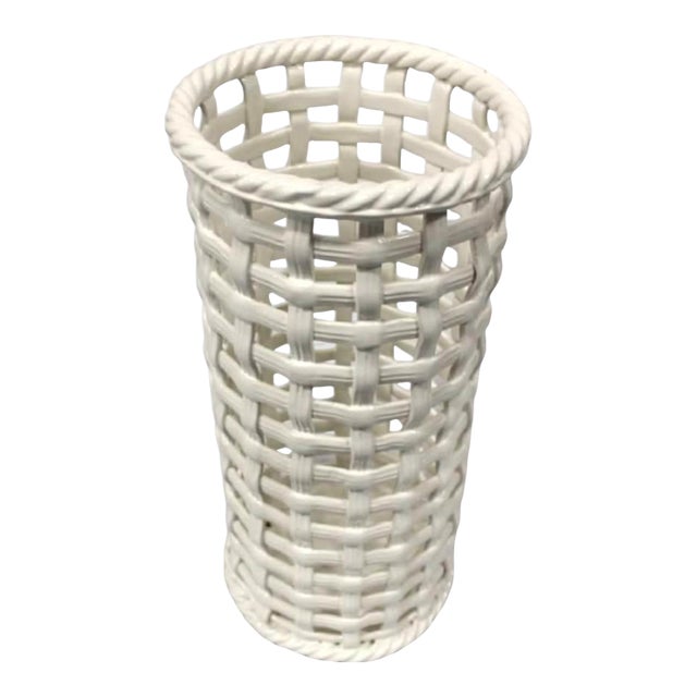 1960s Hollywood Regency Ceramic Basketweave Umbrella / Cane Stand For Sale