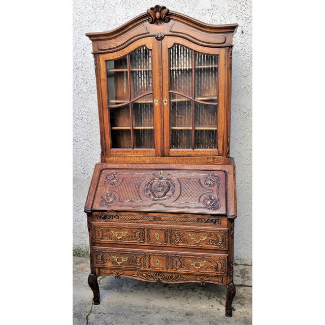 Antique French Country Carved Oak Secretary Desk Bureau With Drop Front