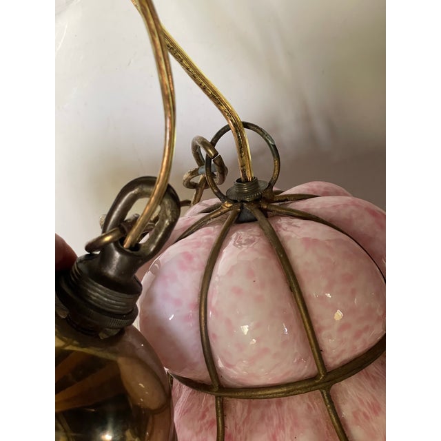 Mid 20th Century Mid Century Modern Italian Mottled Pink Cased Glass Caged Pendant Light Lantern For Sale - Image 10 of 12