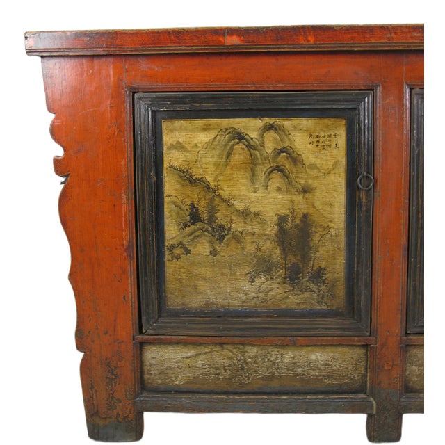 Wood Late 19th Century Gansu 85" Long Red Hand Painted Chinese Sideboard For Sale - Image 7 of 12