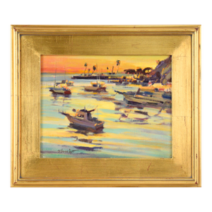 "Santa Catalina Island Harbor" Seascape at Sunset in Oil on Artist's Panel by Gary Schildt